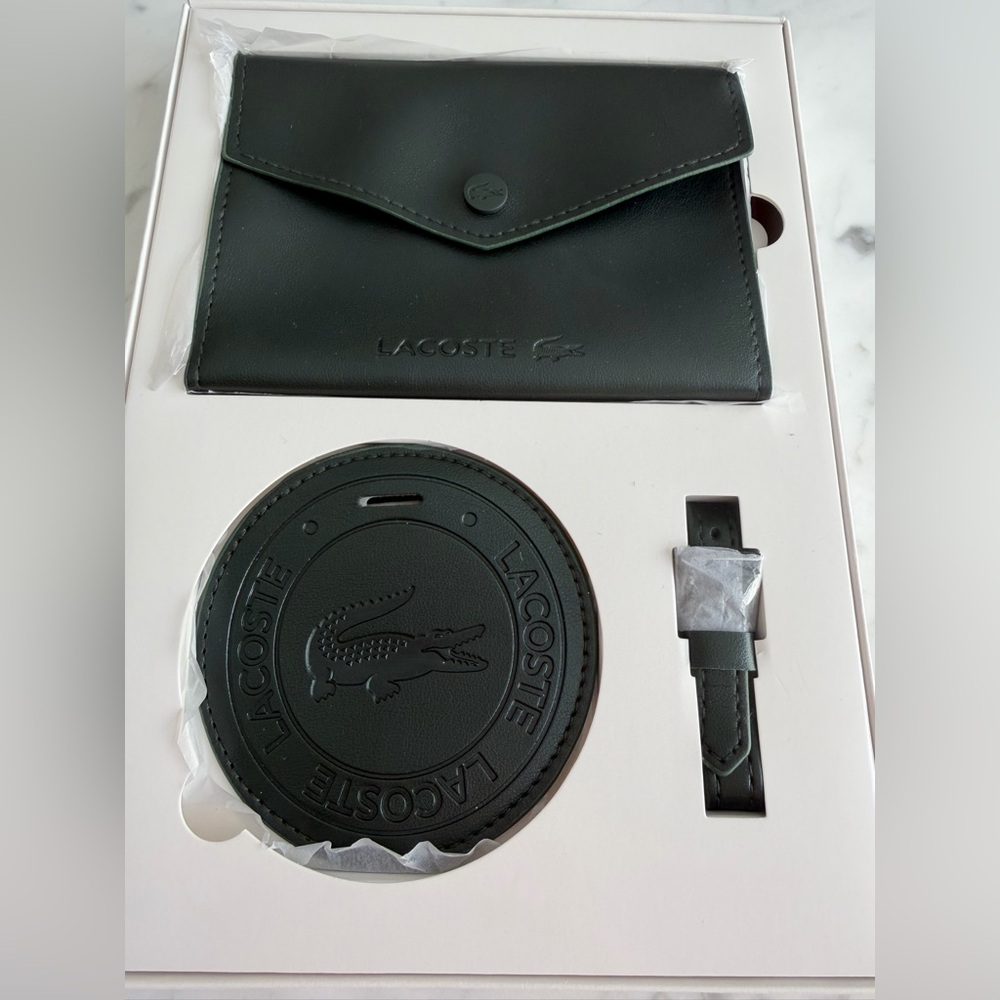 Lacoste Dark Green Leather Travel Set (Passport Cover and Luggage Tag)